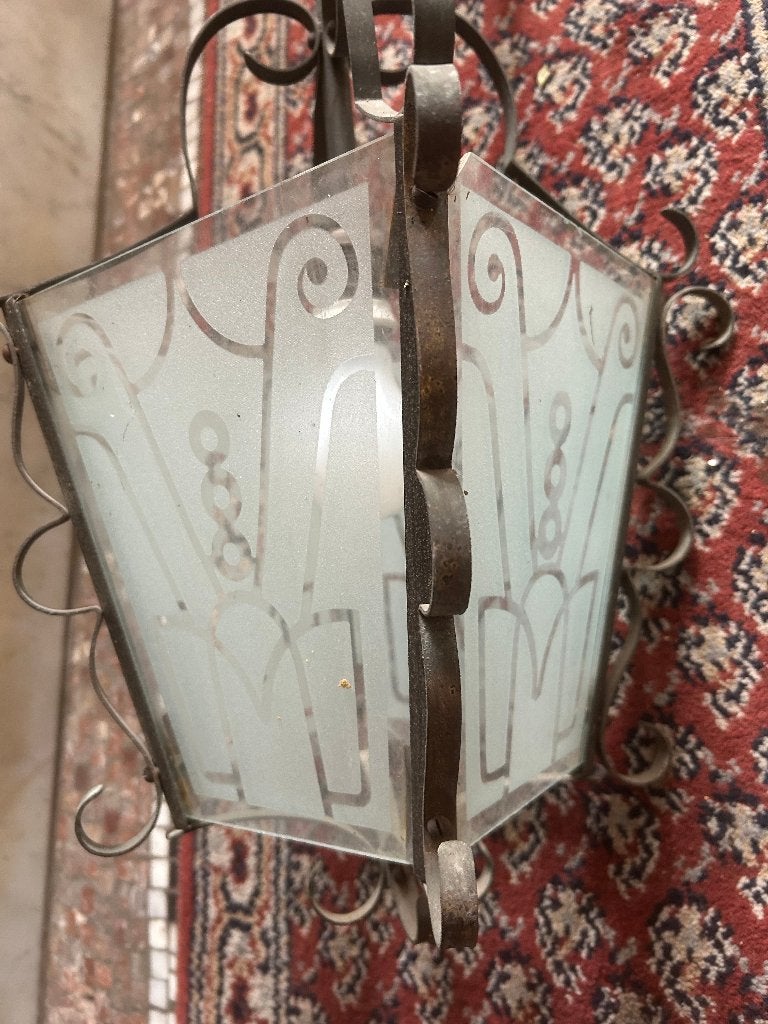 Vintage Art Deco plafond lantaarn met mooie glasplaten, Antiek en Kunst, Ophalen, Glas