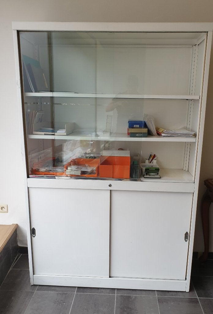 Ijzeren bureaukast met vitrine, Huis en Inrichting, Ophalen, Gebruikt, 100 tot 150 cm, Glas