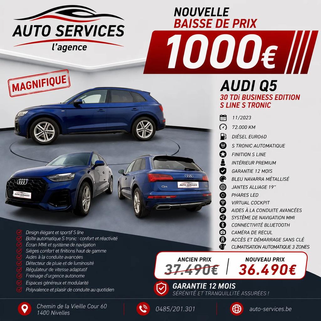 Audi Q5 30 TDi Business Edition S line S tronic Garantie 12, Auto's, Gebruikt, 4 cilinders, Q5, Leder
