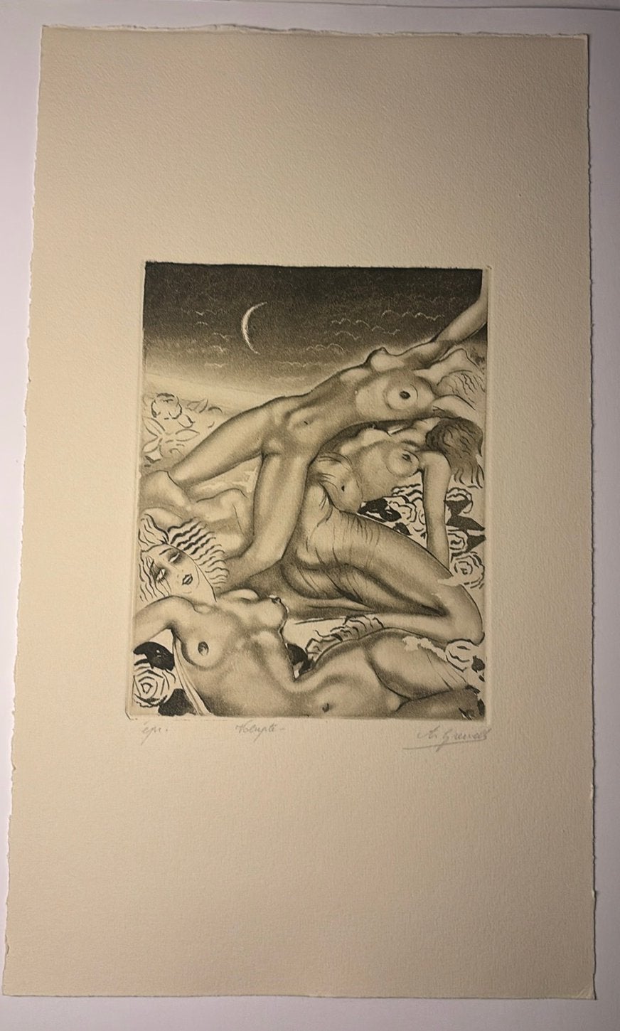 Gravure art déco originale Arthur Greuell — Bilitis/Volupté, Enlèvement ou Envoi, Eau-forte