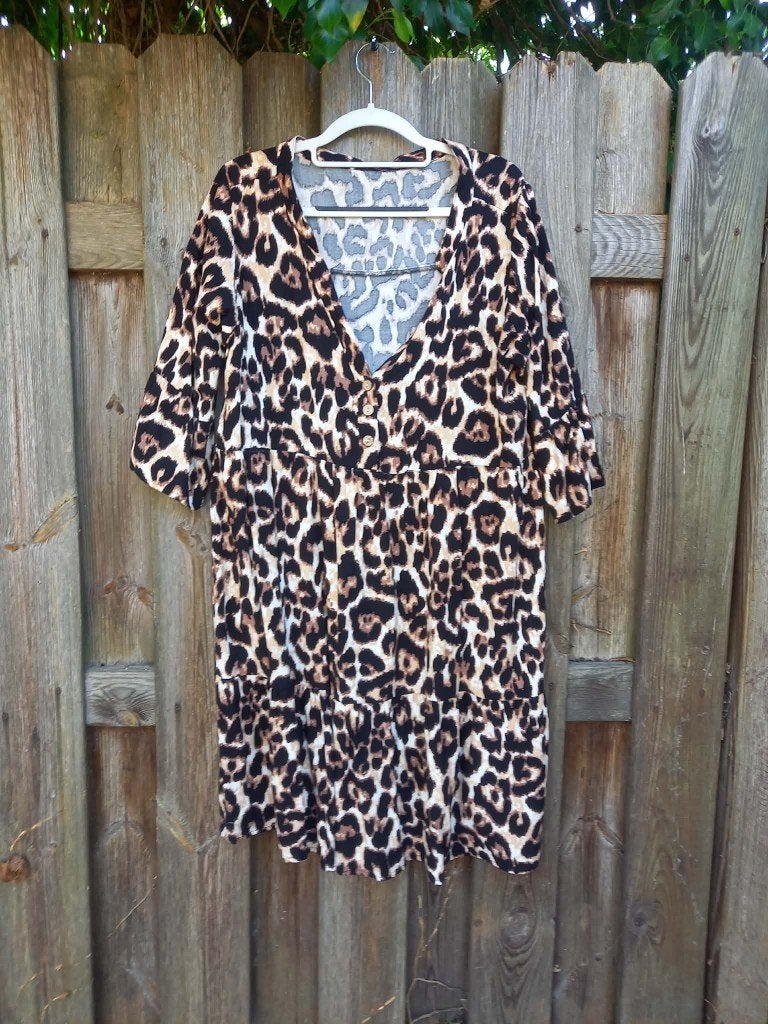 Wijde jurk jaguarprint, viscose, maat 44/46, lengte 99 cm, Kleding | Dames, Jurken, Verzenden, Maat 46/48 (XL) of groter