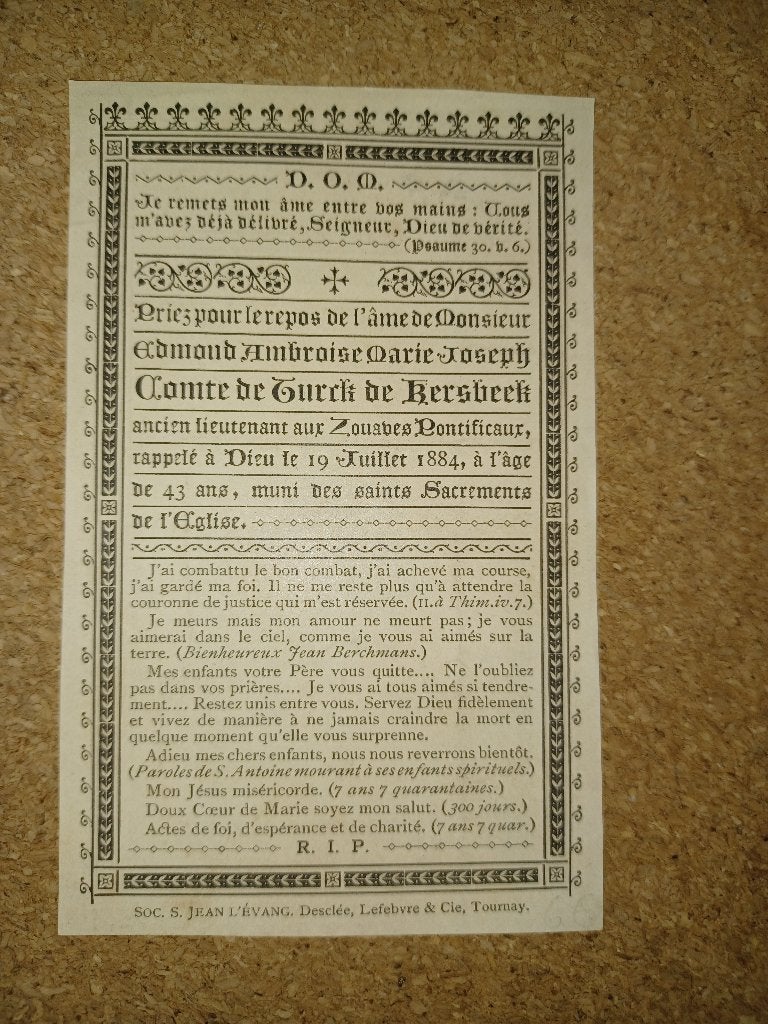 doodsprentje luitenant  zouaaf graaf de turck de kersbeek, Collections, Enlèvement ou Envoi, Image pieuse