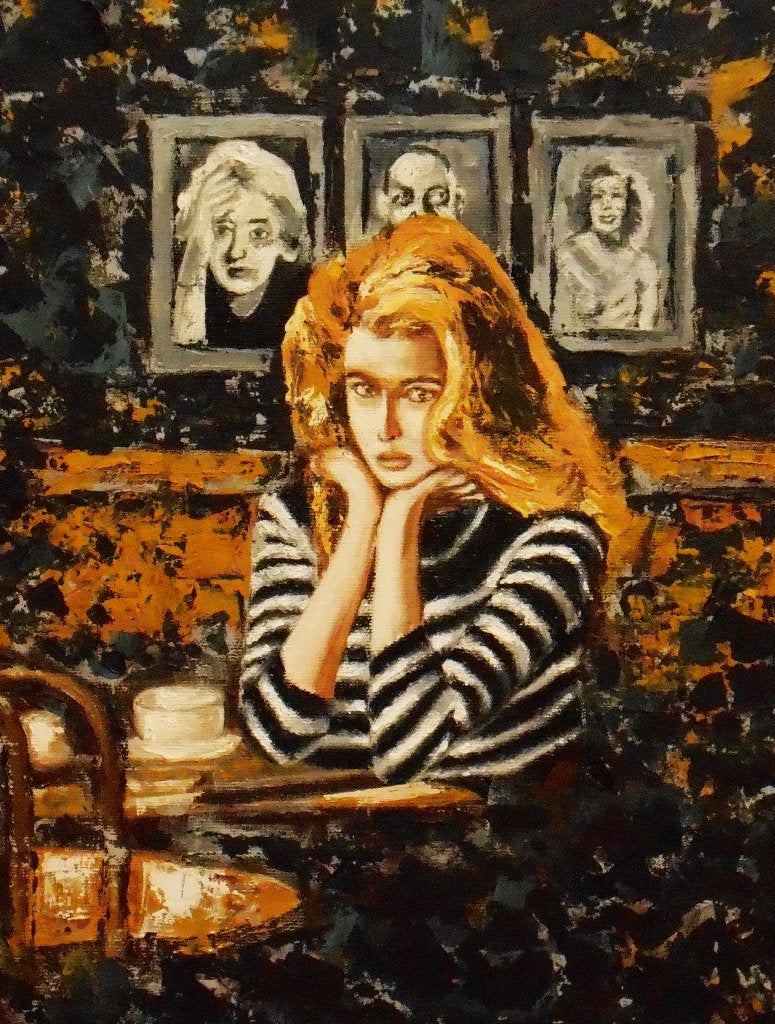 "In het café. Aan het wachten" Schilderij, Antiek en Kunst, Kunst | Schilderijen | Modern, Verzenden, Olieverf, Gesigneerd, Portret