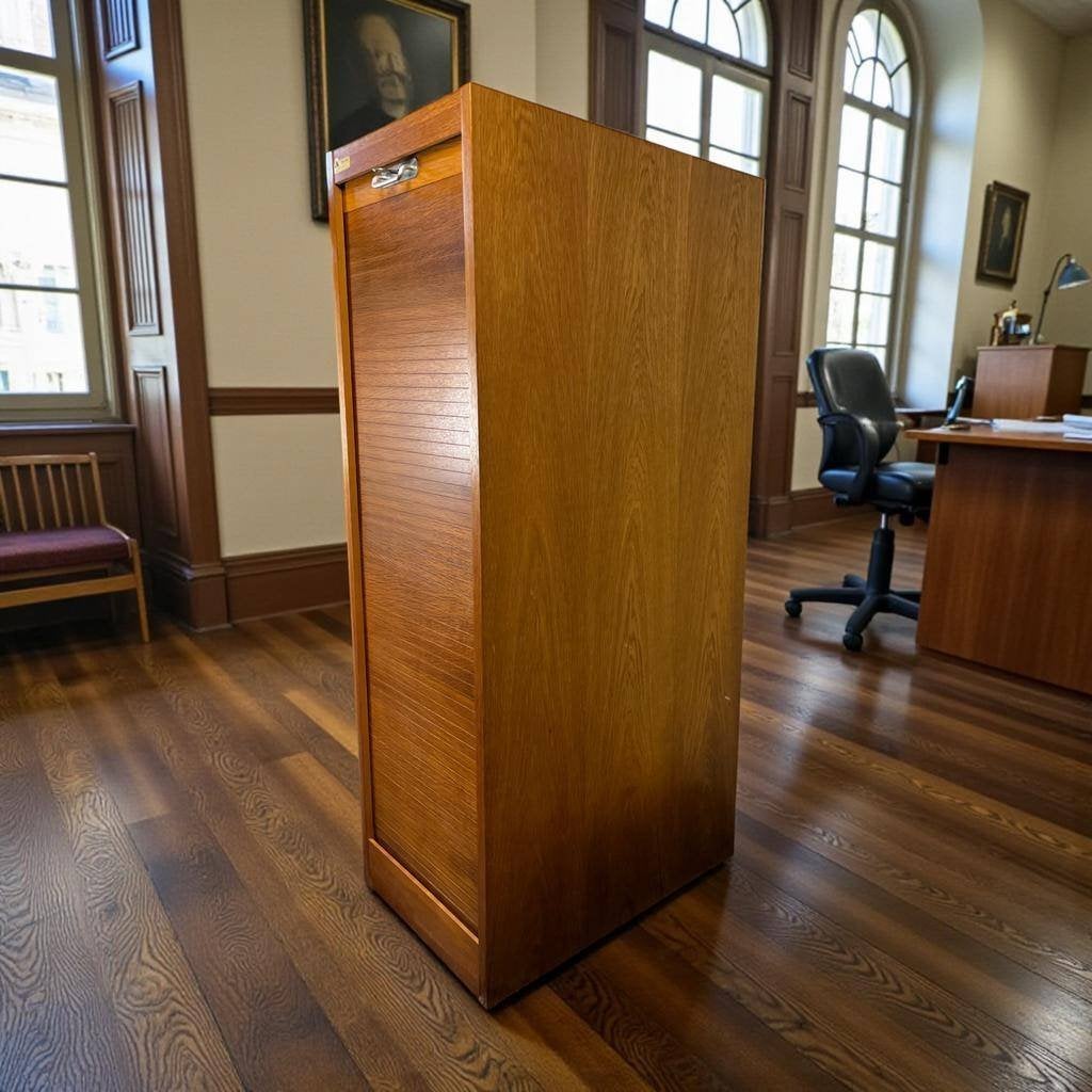 Vintage houten smalle kast met rolluik 'Soennecken', Ophalen, Kast
