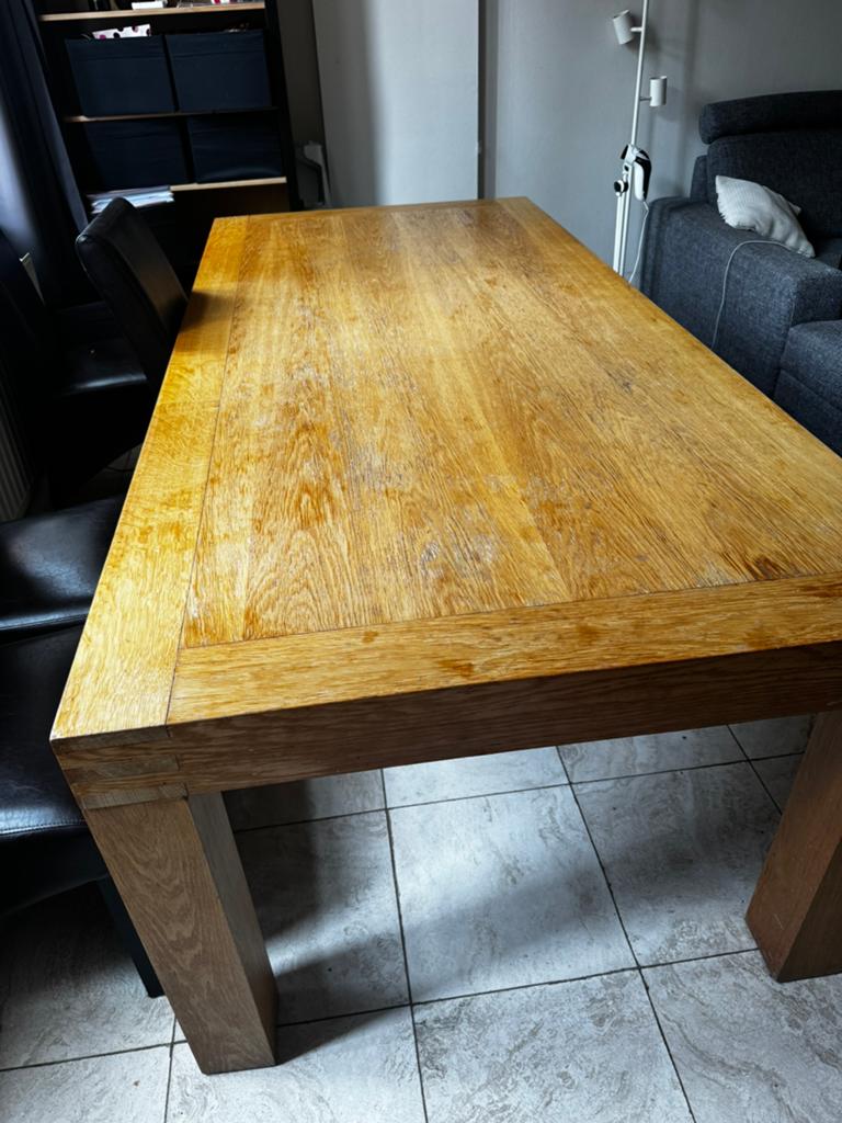 Massieve Goossens hardhouten eettafel + 8 leer stoelen, Huis en Inrichting, Ophalen, Gebruikt, 100 tot 150 cm, 200 cm of meer