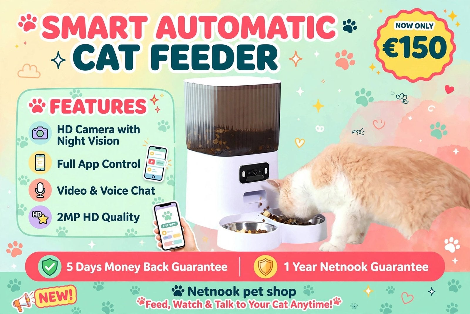 NEW! Smart Automatic Cat Feeder with HD Camera, Envoi, Neuf