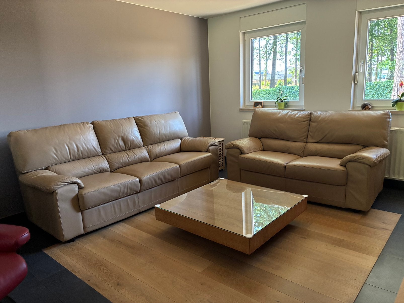 Lederen salon, 3-zit en 2 zit, kleur taupe, Ophalen, Gebruikt, Leer, Modern - tijdloos