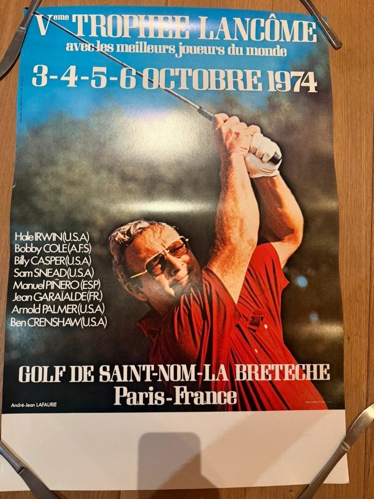 Affiche golf 5e Trophée Lancôme 1974 photo Lafaurie, Enlèvement ou Envoi, Rectangulaire vertical, A1 jusqu'à A3, Comme neuf