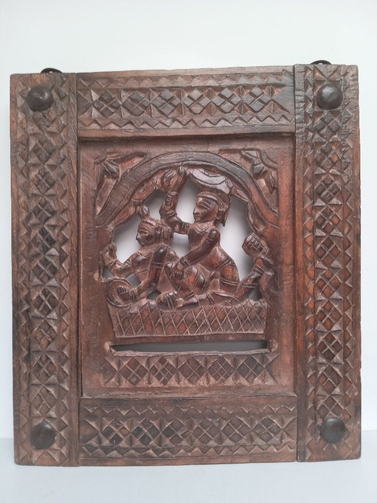 Panneau indien sculpté en bois, Antiquités & Art, Sculpture, Brun, Bois, Inde