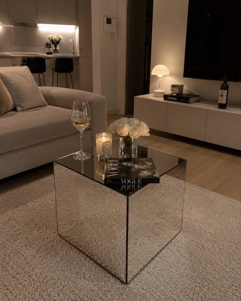 Mirrored Cube Table, Enlèvement ou Envoi, Moins de 55 cm, Verre, Carré