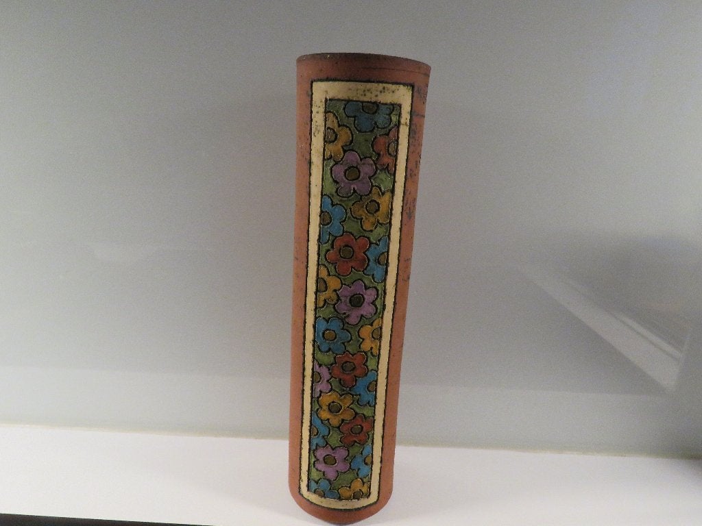 Studiokeramiek cilindervaas bloemen pop art gesigneerd, Ophalen of Verzenden