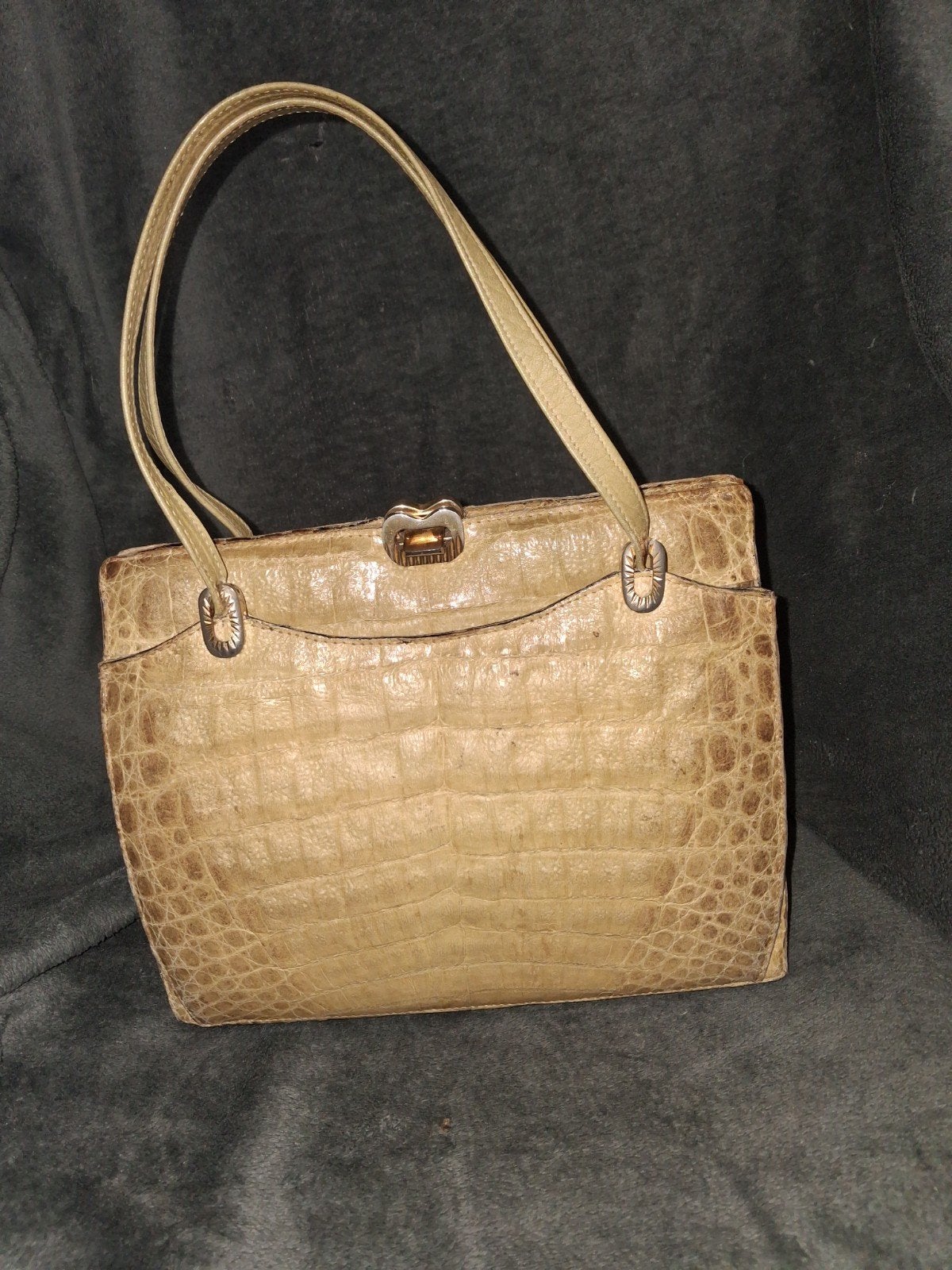 Vintage leren handtas – krokodillenlook – beige/bruin, Handtassen en Accessoires, Tassen | Damestassen, Ophalen, Beige, Handtas