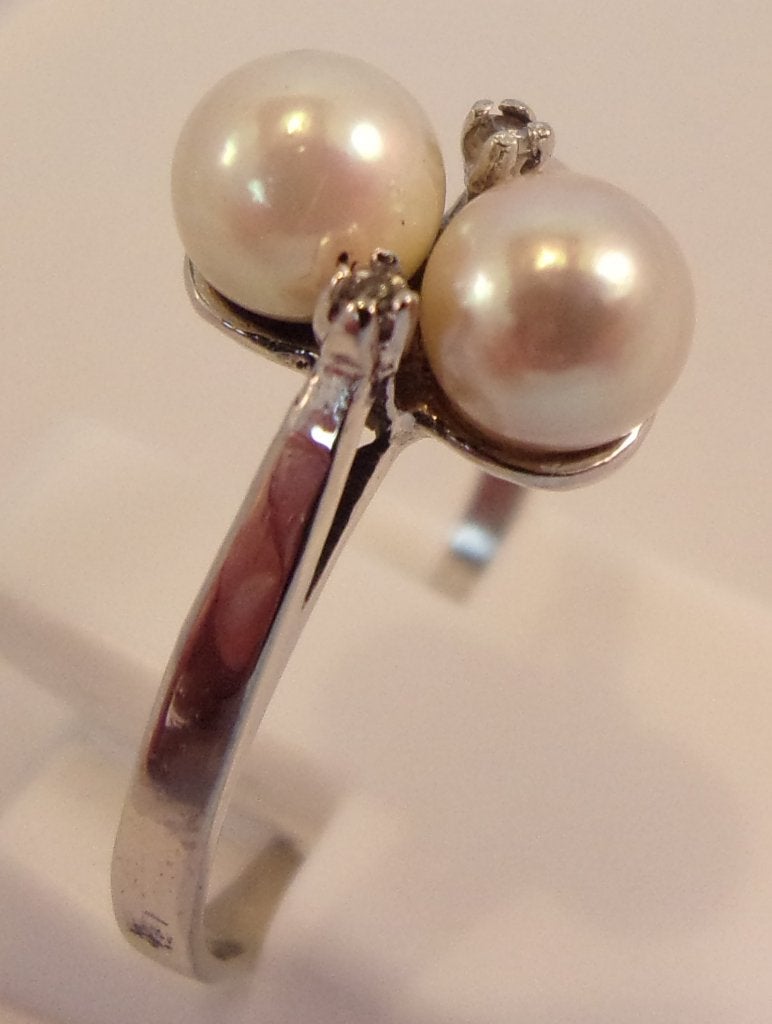 14 Karaat witgouden ring met Diamanten en Akoya Parels, Verzenden, Goud, Ring, Met edelsteen