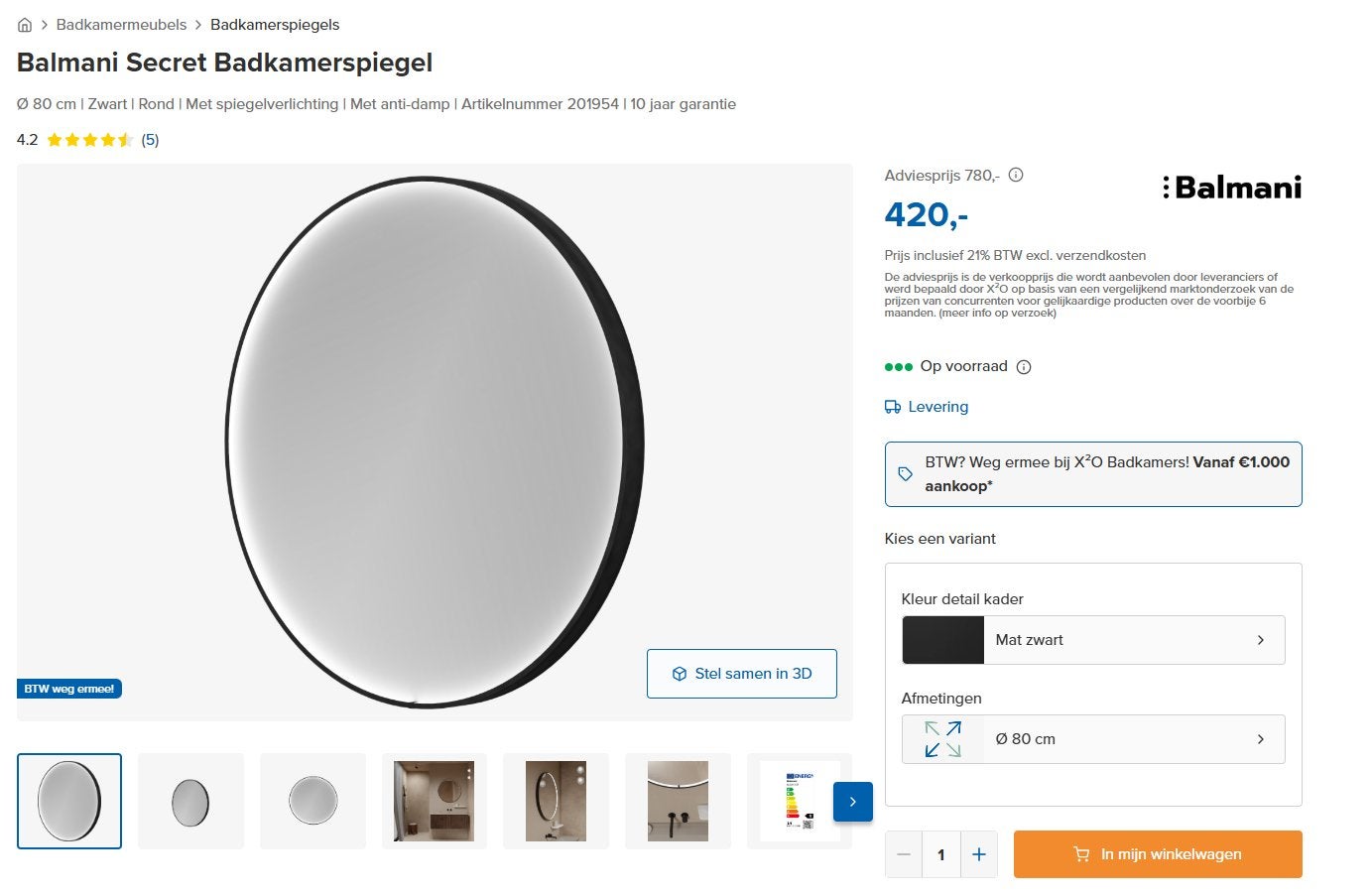Nieuwe Balmani Secret spiegel, Neuf, Moins de 100 cm, Rond, Enlèvement