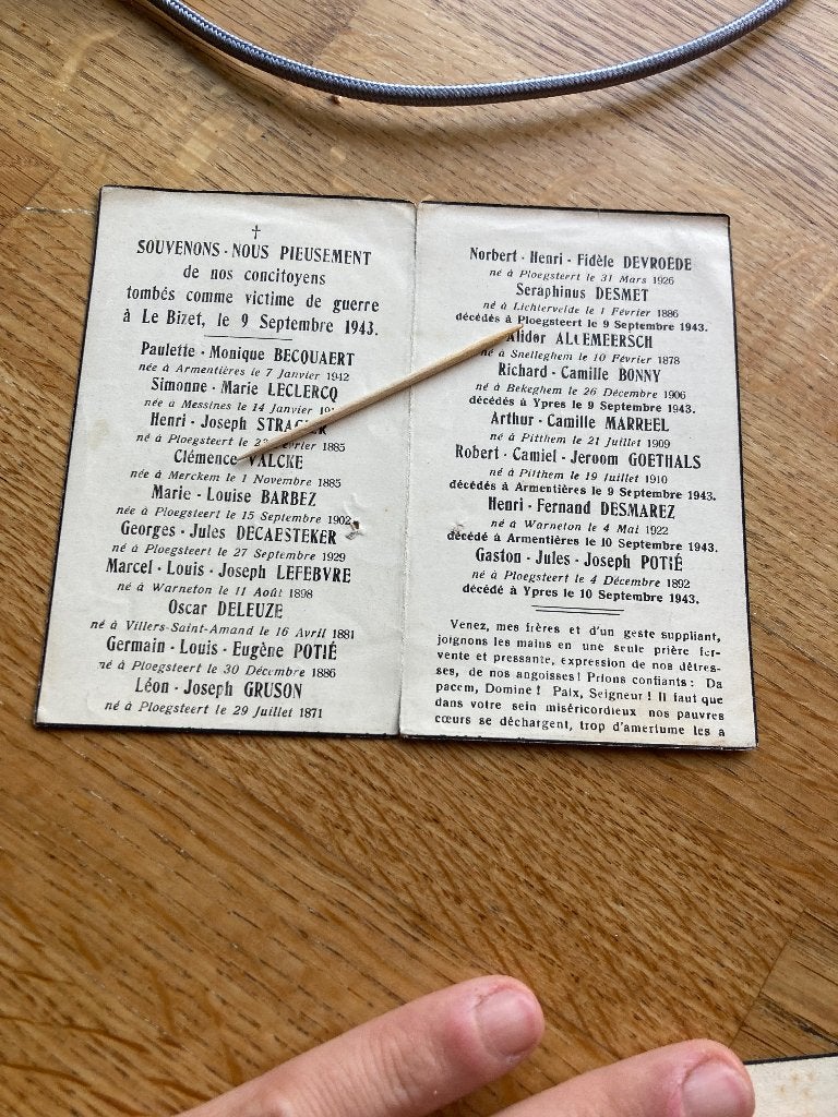 Oorlogsslachtoffer, 1943, Le Bizet, 9/9/43, Verzenden, Bidprentje