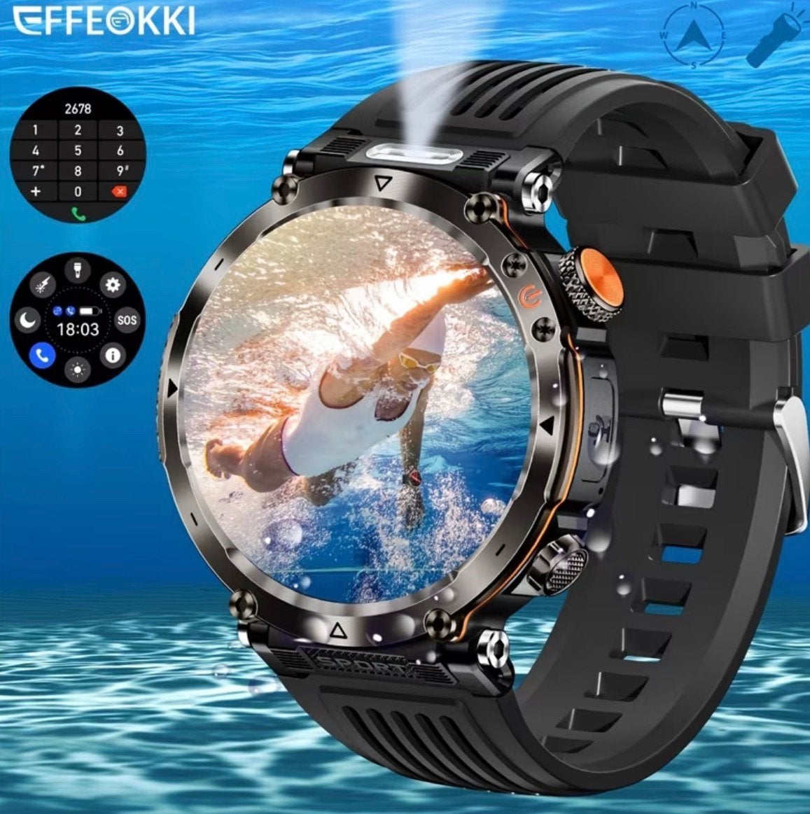 EFFEOKKI smartwatch voor heren — tactisch en sportief, Verzenden, Zwart, Nieuw, Waterdicht