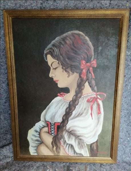 vintage werk op paneel meisje in Bulgaarse trachten, Paneel, Portret of Personen, Olieverf, Vintage