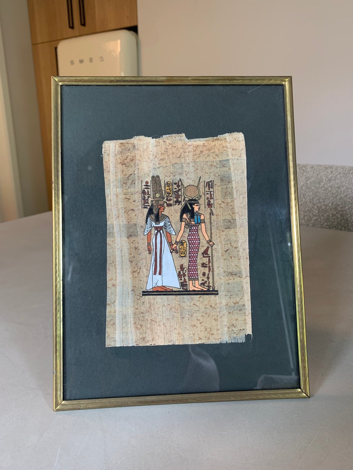 Vintage Egyptische papyrus in lijst met certificaat, Antiek en Kunst, Origineel, Ophalen of Verzenden