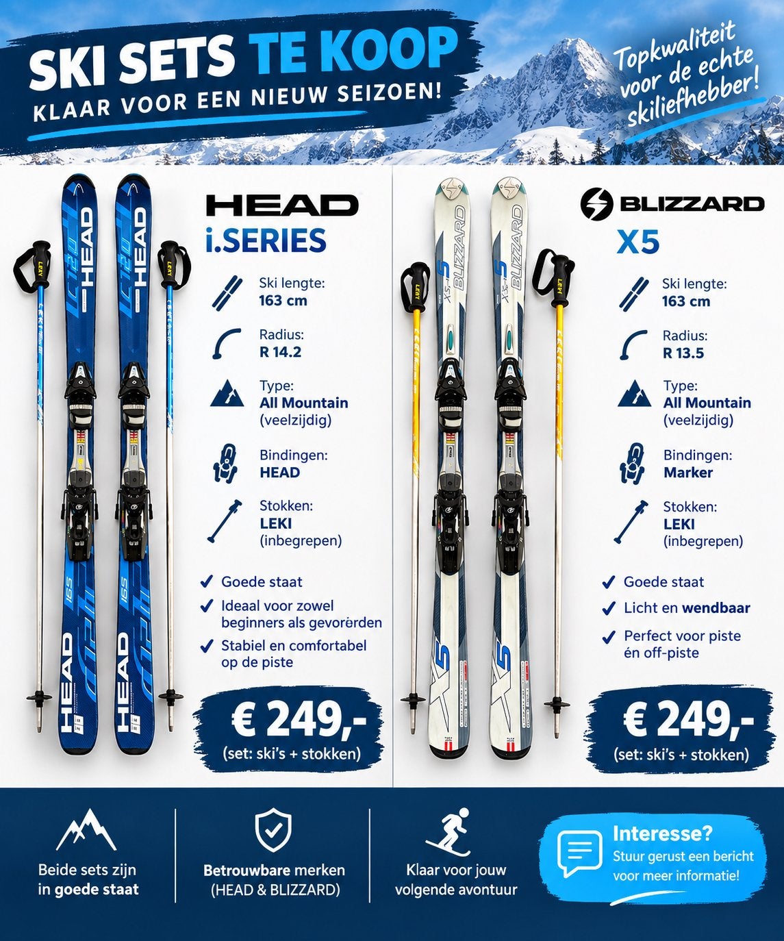 HEAD i.SERIES & BLIZZARD X5 Ski Sets - Inclusief stokken, Sports & Fitness, Comme neuf, Enlèvement, Ski, Head