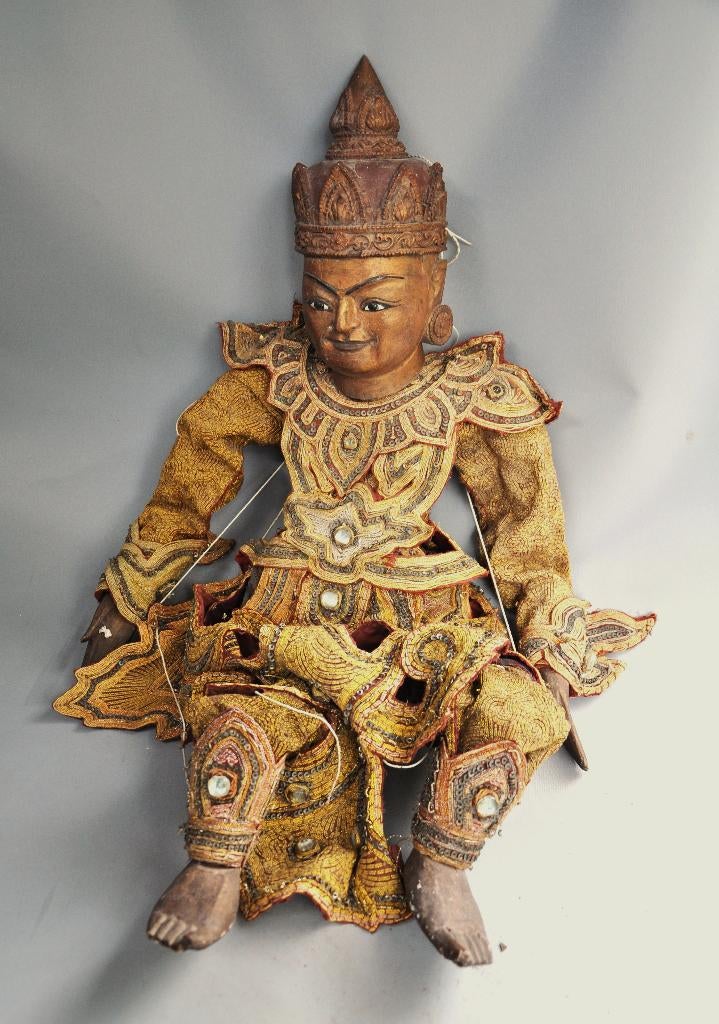 Vintage Thaise marionet 95 cm – houten hoofd - ca 1980, Antiek en Kunst, Ophalen of Verzenden