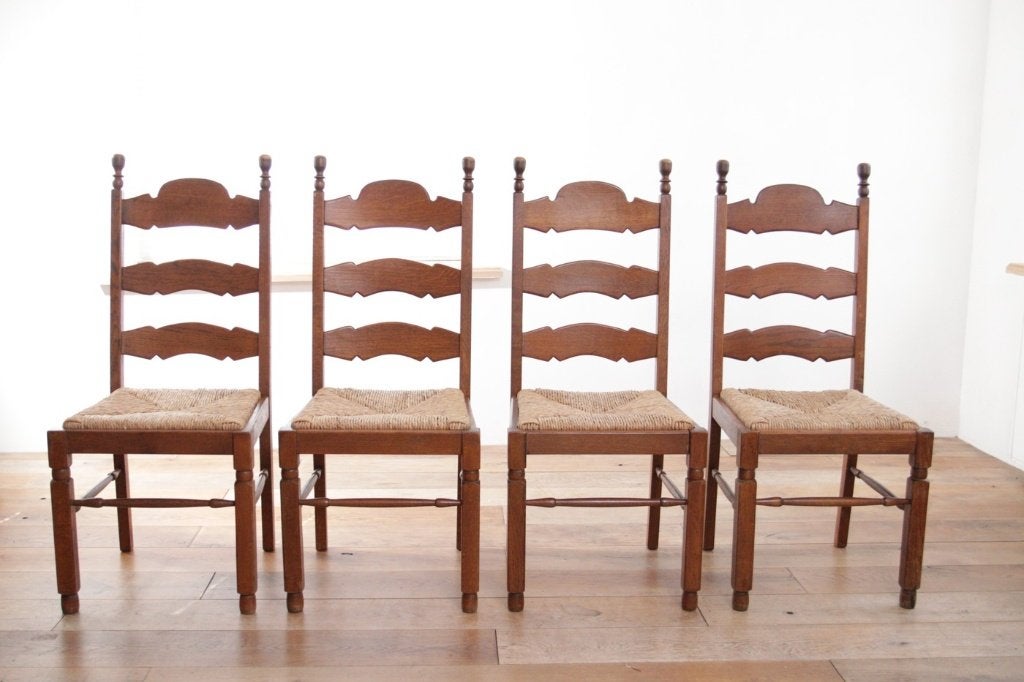 Set van 4 eiken ladderback eetkamerstoelen biezen zitting, Ophalen