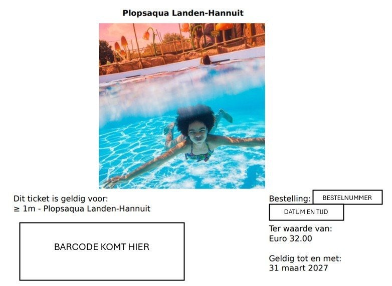Ticket plopsaqua >1m Landen-Hannuit 20 euro ipv 32 euro, Tickets en Kaartjes, Eén persoon, Ticket of Toegangskaart