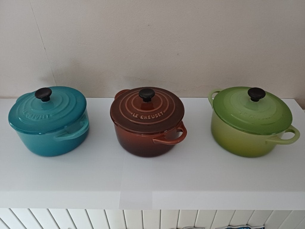creuset stoofpotjes 10 cm in aardewerk 3 stuks, Enlèvement ou Envoi, Poterie, Comme neuf, Autres types