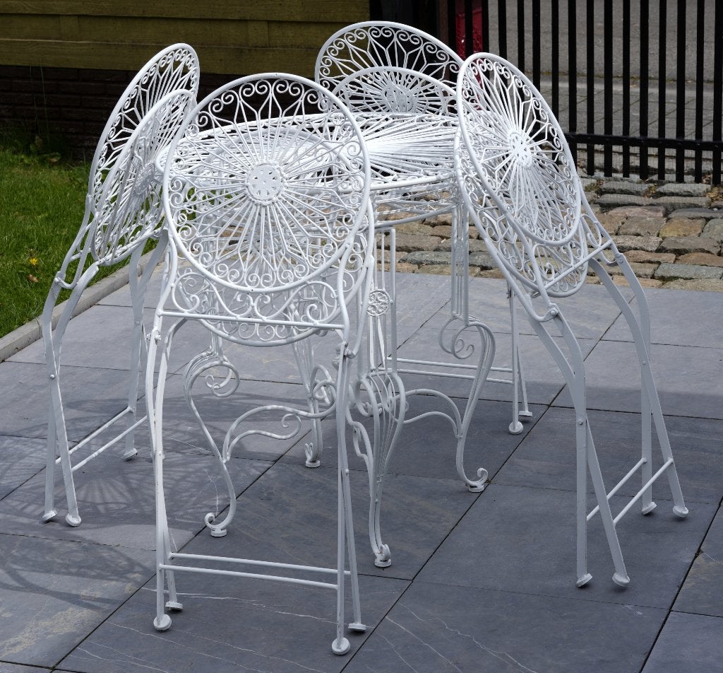 Ijzeren bistroset met vier stoelen en tafel, Ophalen, Gebruikt, Tuinset, Eettafel