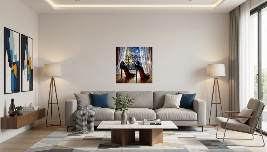 Cadre sur toile "Nocturne Parisien en Louboutin" / (60x60)cm, Antiquités & Art, Enlèvement ou Envoi, Signé, Impression, Paysage urbain / rural