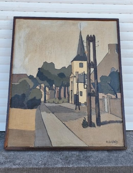 Huile sur toile village signe rik gielis, Antiquités & Art, Art | Peinture | Classique, Enlèvement ou Envoi, Toile