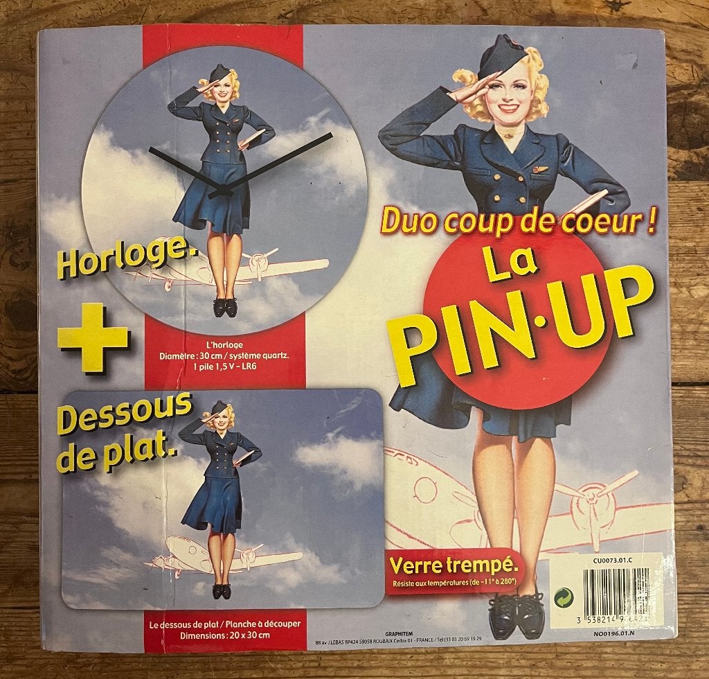 Retro Pin-Up Set: Glazen Klok + Onderzetter / Plaat, Huis en Inrichting, Ophalen, Wandklok, Analoog, Zo goed als nieuw