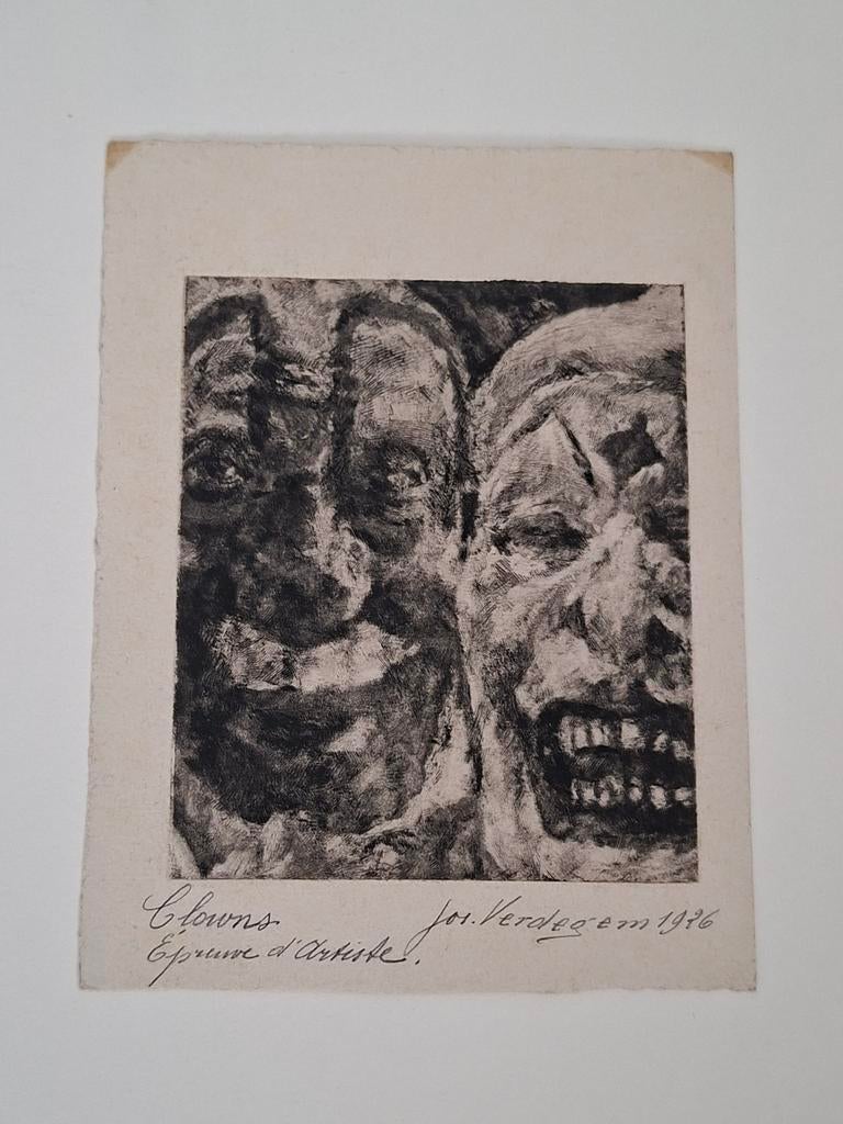 Vroege ets jos verdegem clowns 1926, Antiek en Kunst, Kunst | Etsen en Gravures, Ets, Ophalen of Verzenden, 12 cm, Gesigneerd