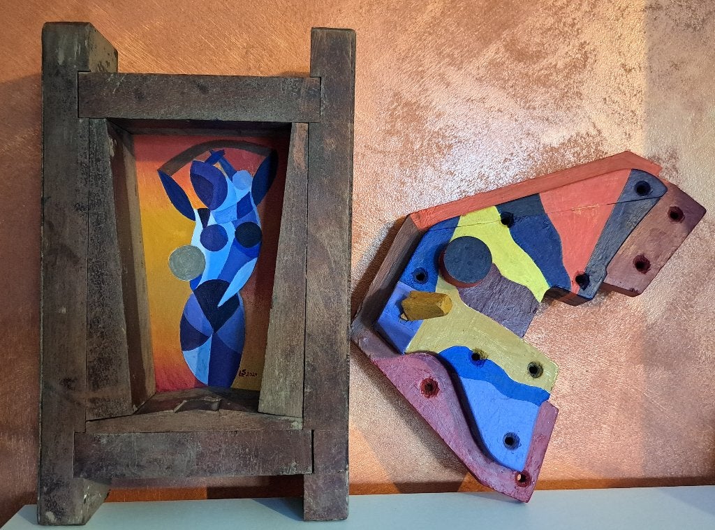 Color therapy ! Duo de pièces industrielles rares, Antiquités & Art, Abstrait, Bois, Enlèvement ou Envoi, Peinture acrylique