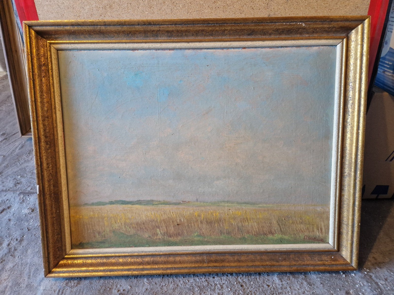 Peinture de paysage sur toile signée — Wheatfield, Antiquités & Art, Enlèvement, Signé, Toile