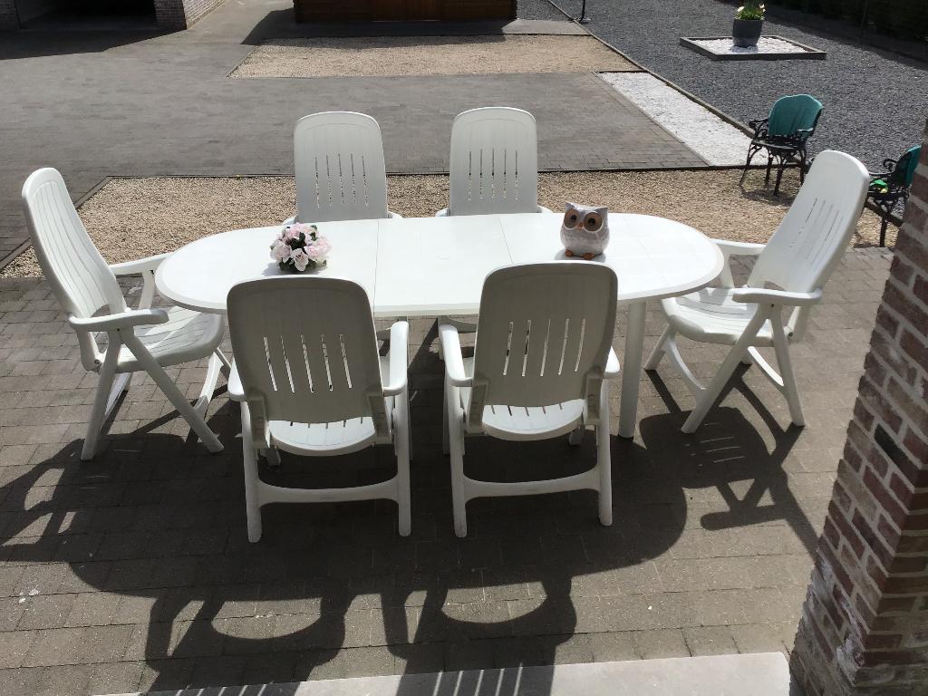 Tuintafel met zes ligstoelen, Ophalen, Gebruikt, Ovaal, Kunststof