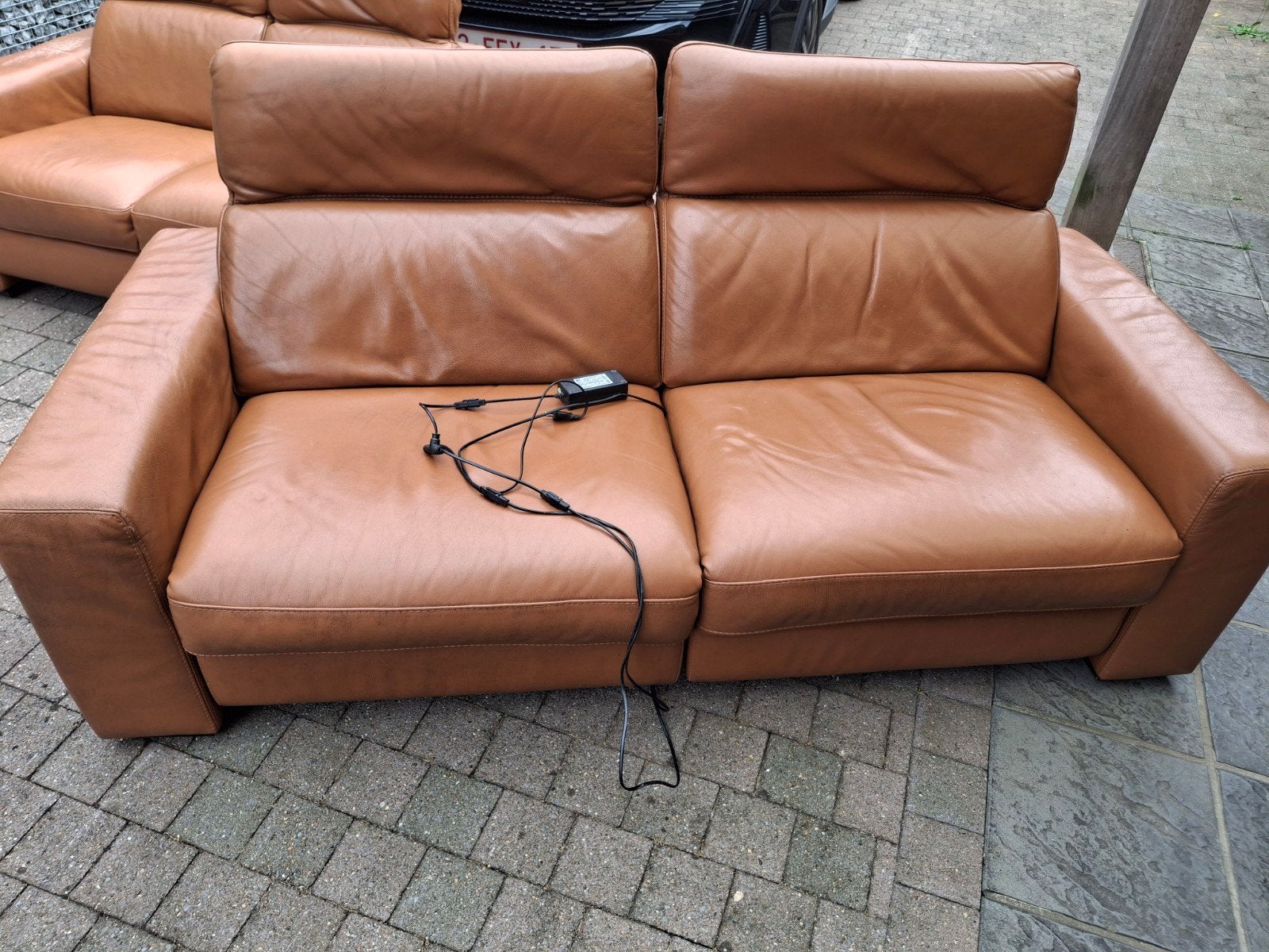 cognac lederen 2 en 3 zit met 2 elektrische relaxen, Huis en Inrichting, Zetels | Zetels, Ophalen, Gebruikt, Leer