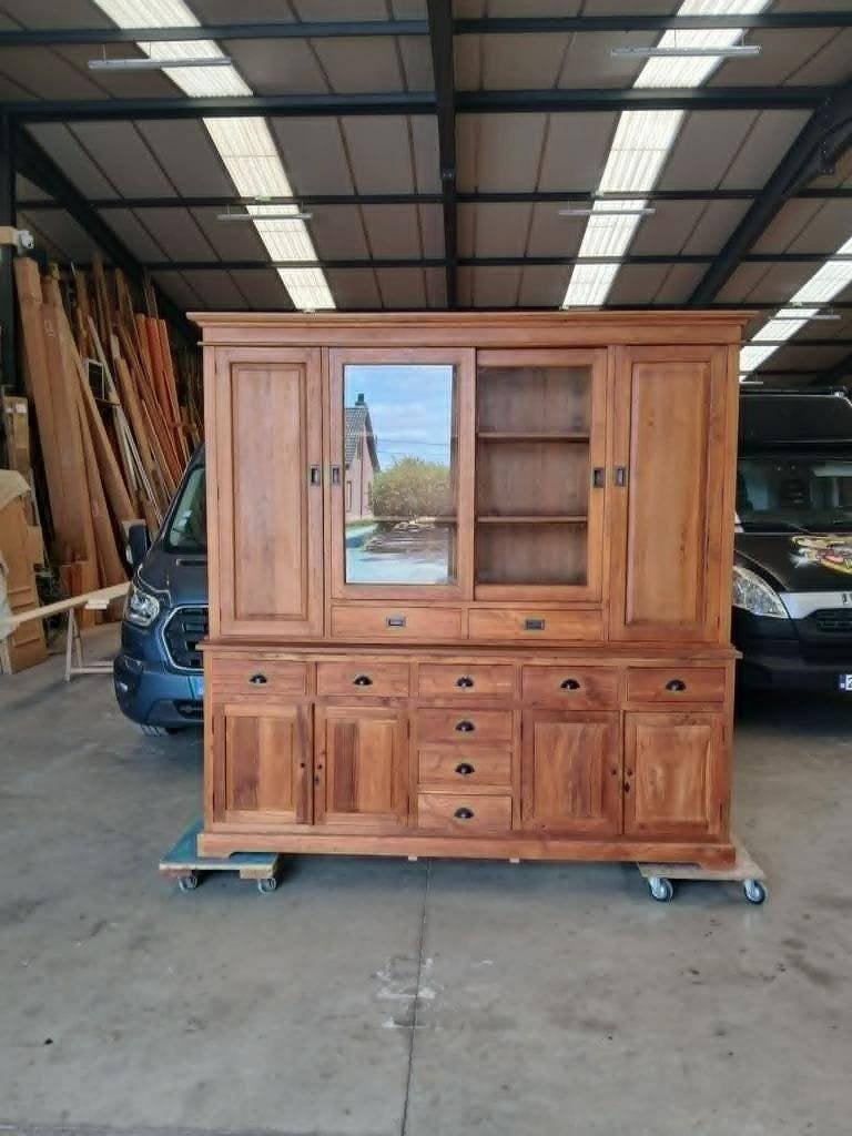 XXL Massieve Teak Buffetkast / Vitrinekast 232 cm, Huis en Inrichting, Ophalen, 200 cm of meer, Teakhout, Met lade(s)