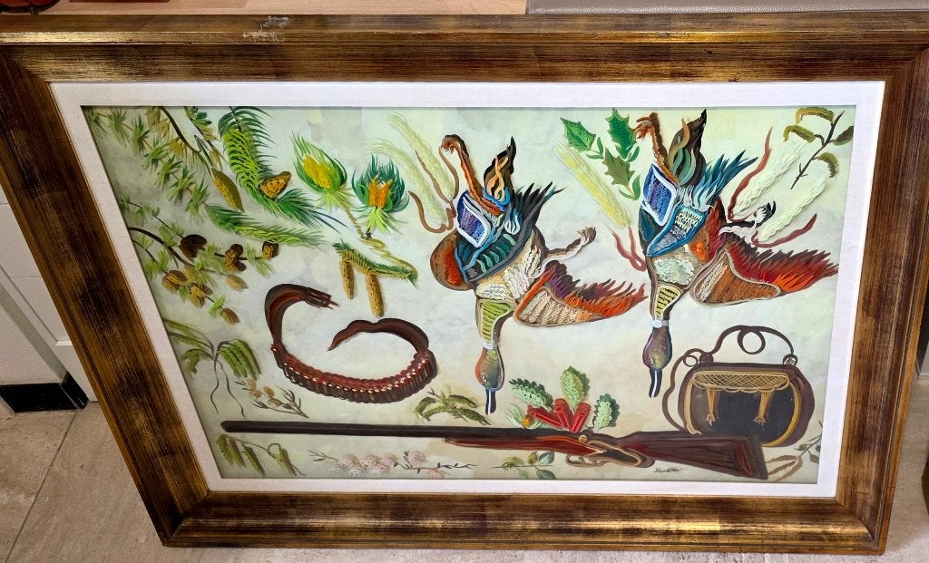 Grote kader Jacht scène met meerlaags glaskunst, 110 x 84 cm, Antiek en Kunst, Kunst | Overige Kunst, Ophalen