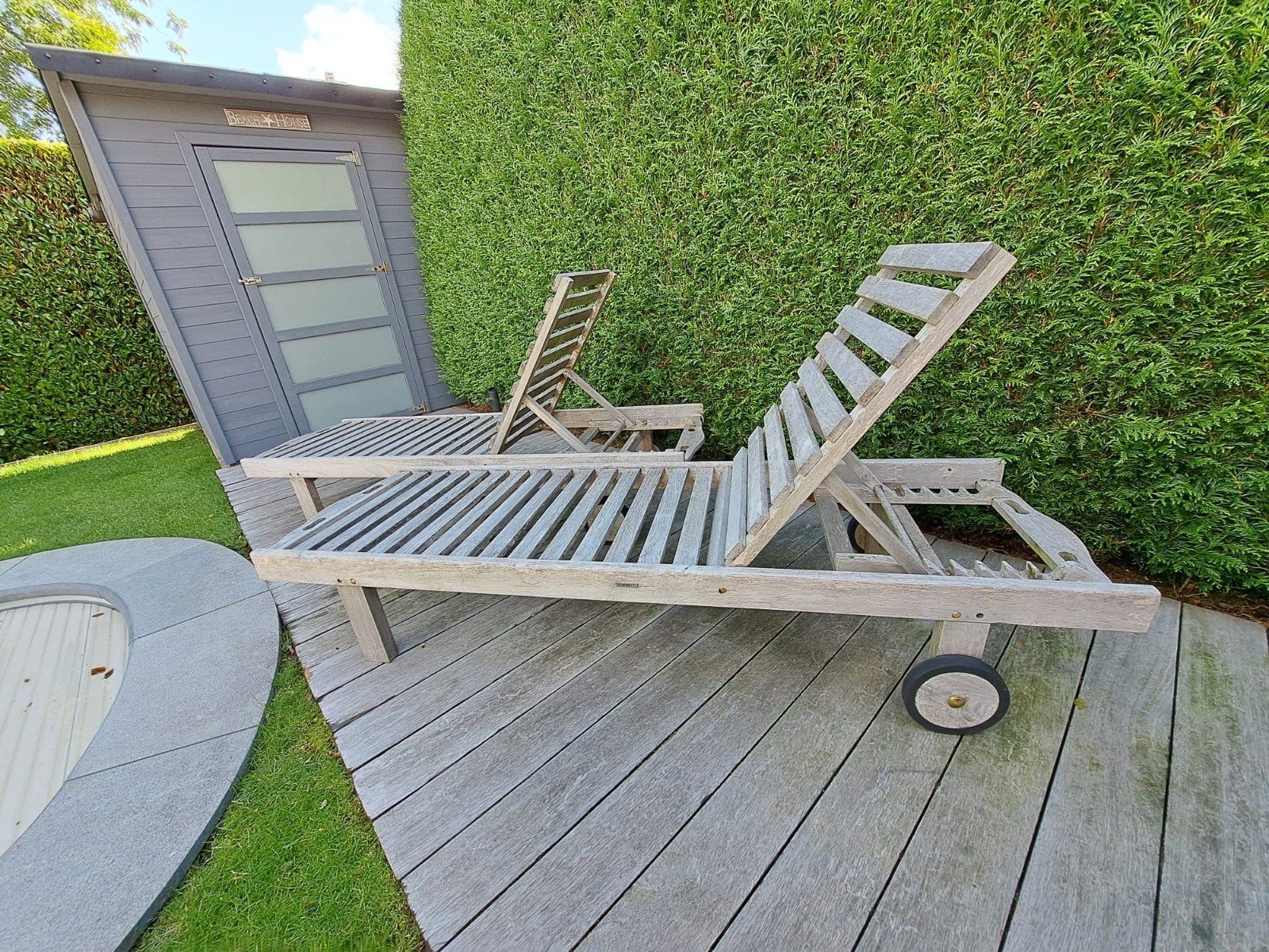 tuin ligbedden in teak met bijhorende kussens, Tuin en Terras, Ophalen, Gebruikt, Hout, Verstelbaar