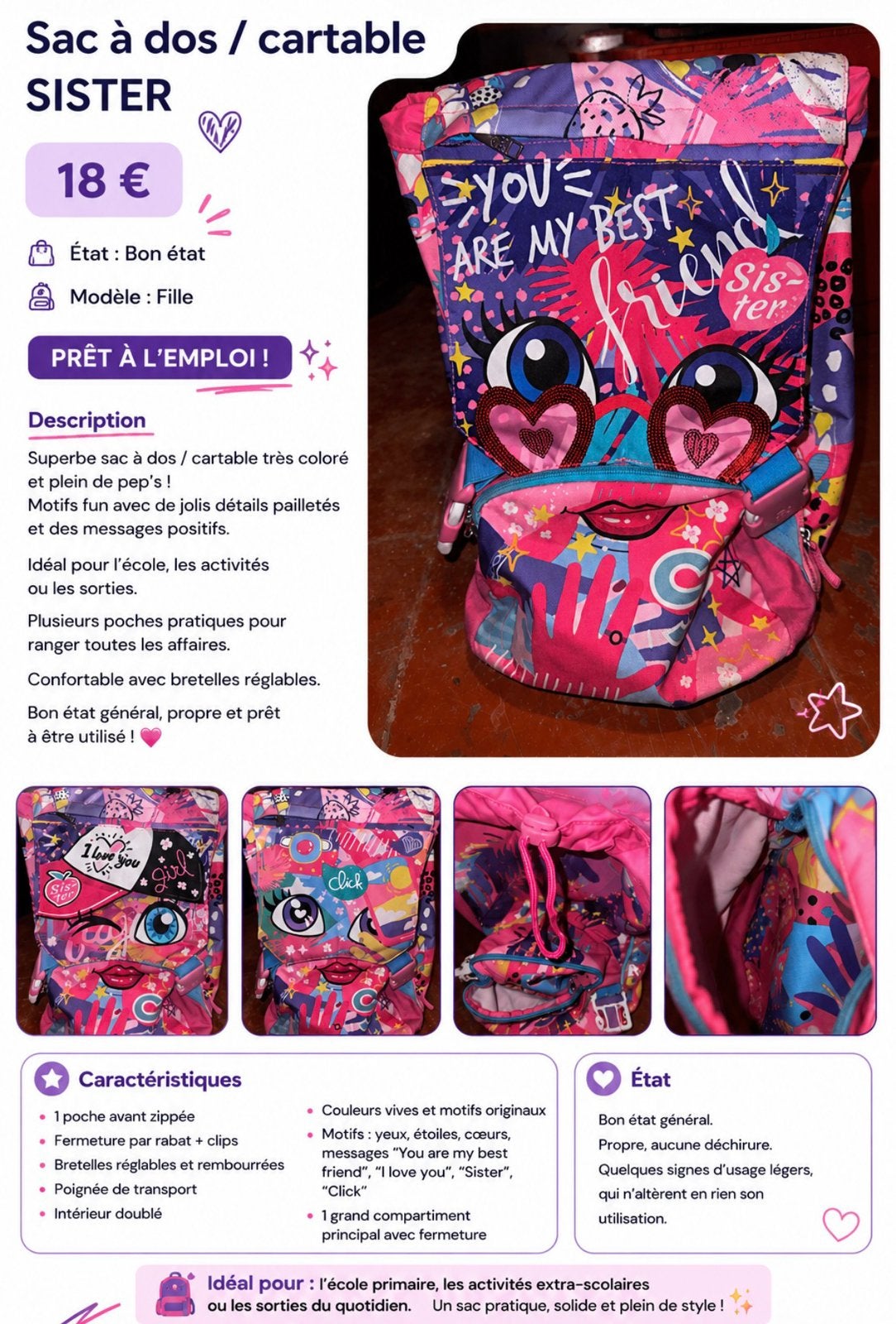 Cartable/Sac a dos fille 💜💕, Enlèvement, Comme neuf, Violet, Sac à dos