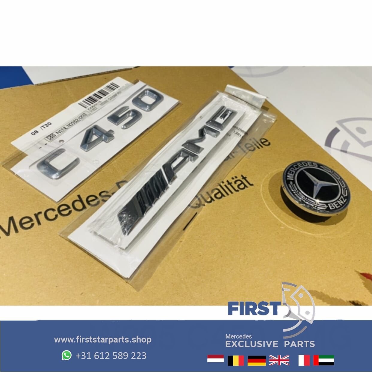 W205 C450 AMG LOGO SET CHROOM EMBLEMEN C KLASSE 2014-2021 45, Gebruikt, -, Ophalen of Verzenden, -