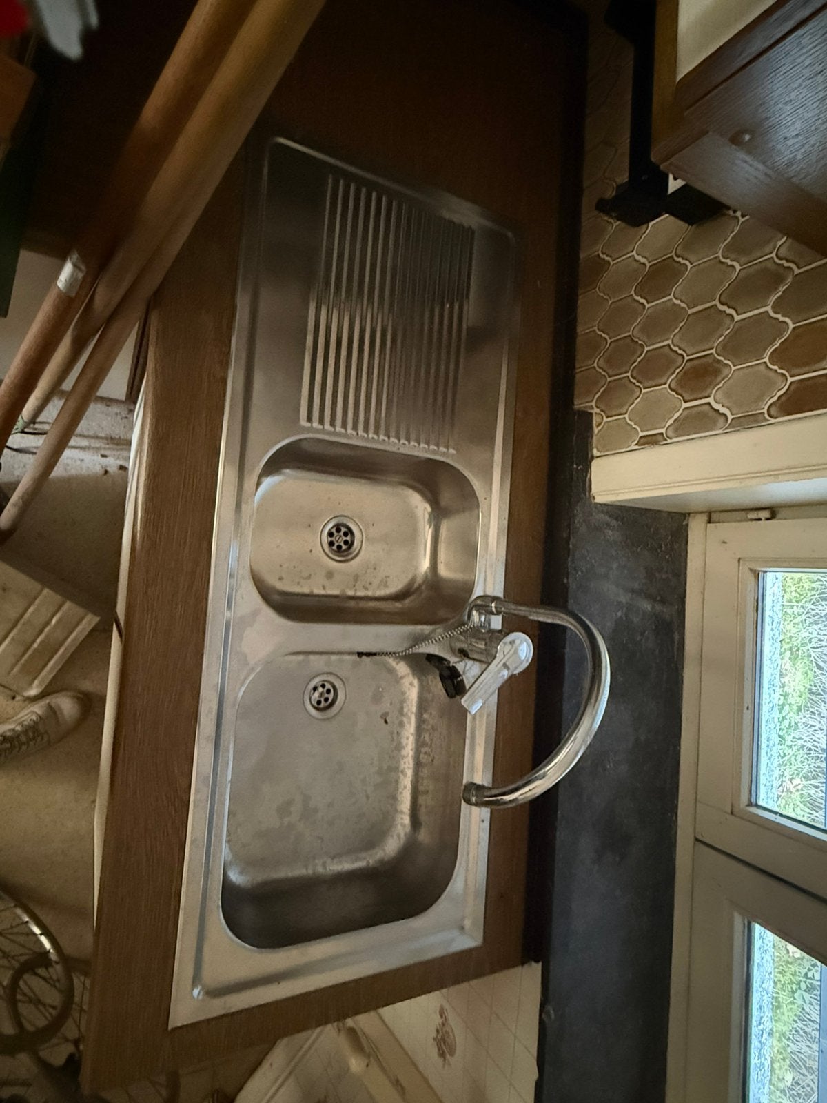 Keuken lavabo, dubbel, aluminium, met Grohe mengkraan, Ophalen, Gebruikt