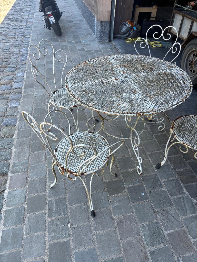 tuintafel met 4 stoelen., Ophalen, Gebruikt, Rond, Metaal