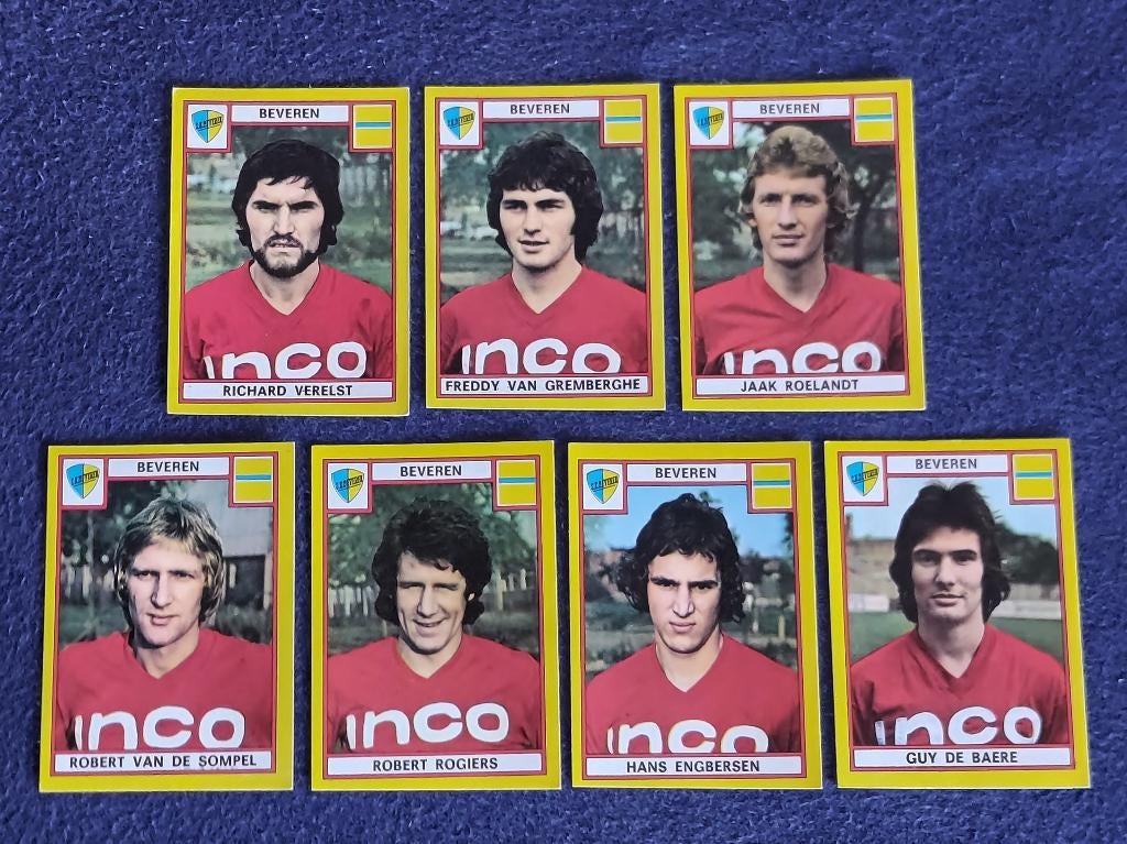 7 versch. Panini stickers voetbal ' FB 1975 - Beveren ', Ophalen of Verzenden, Nieuw, Meerdere stickers
