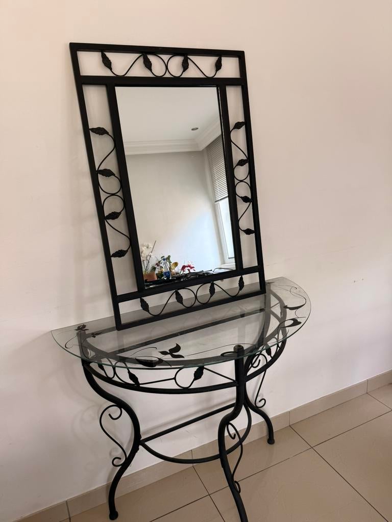 smeedijzeren console tafel met bijpassende spiegel., Ophalen, Gebruikt, Glas