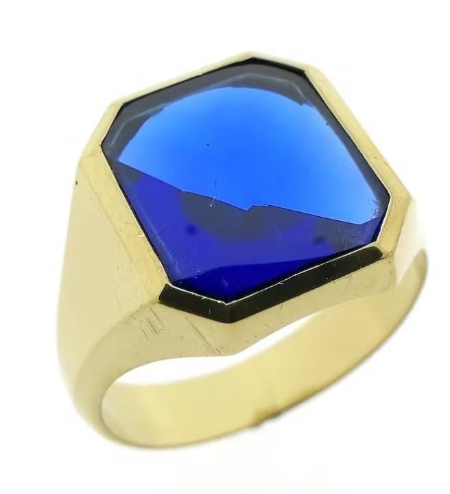 Bague chevalière or 14 carats, saphir synthétique, Or, Or, Utilisé, Avec pierre précieuse
