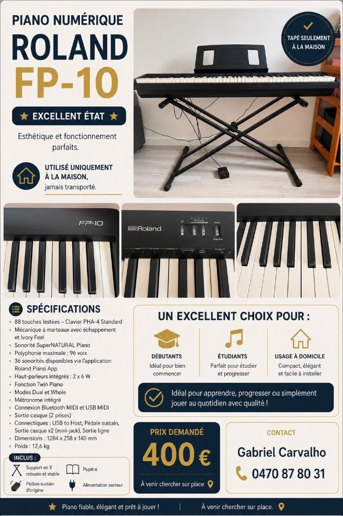 Piano Numérique - Roland FP-10, Comme neuf, Digital, Enlèvement, Piano