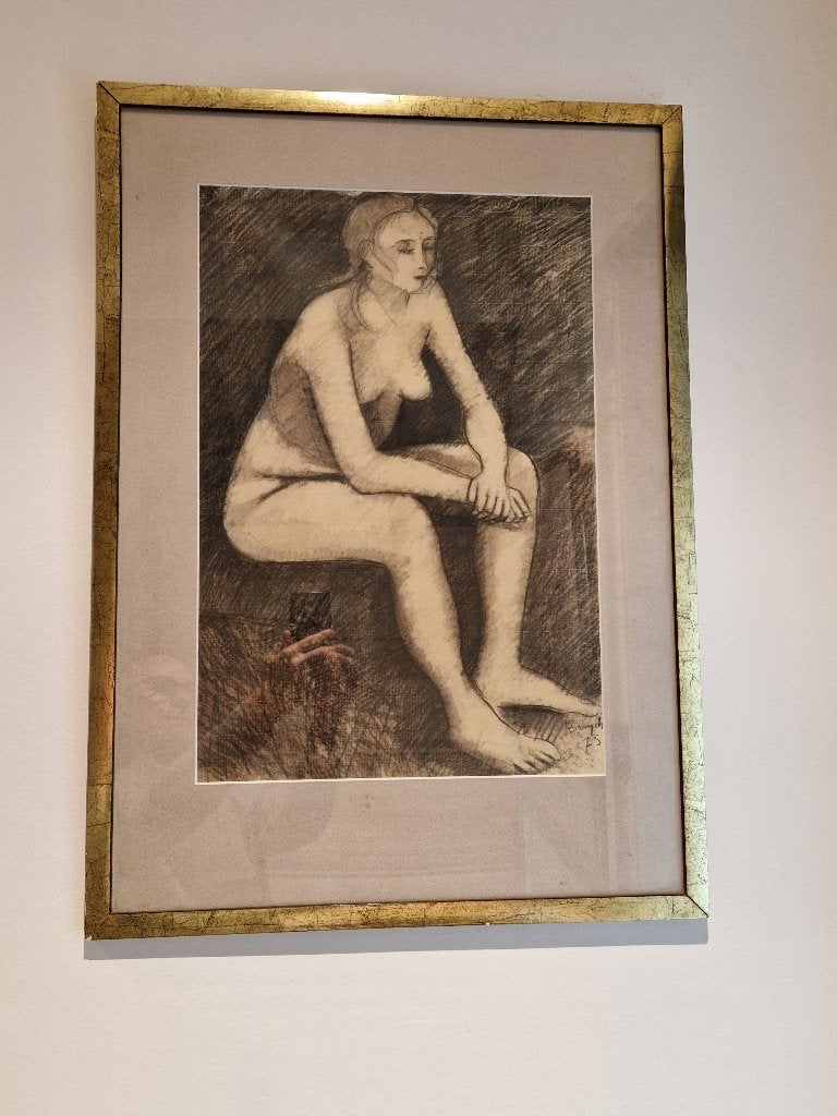 Naakte vrouw, zittend, beide armen langs het lichaam, Antiek en Kunst, Ophalen of Verzenden, Tekening, Potloodtekening, Handgemaakt