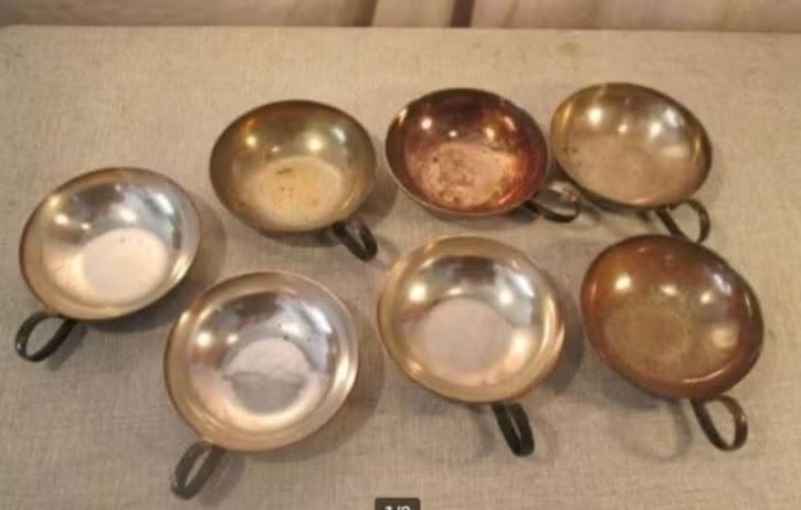 7 Oude Alpacca Silver ijscoupes - D.F. Switzerland, Antiquités & Art, Antiquités | Plateaux, Enlèvement ou Envoi