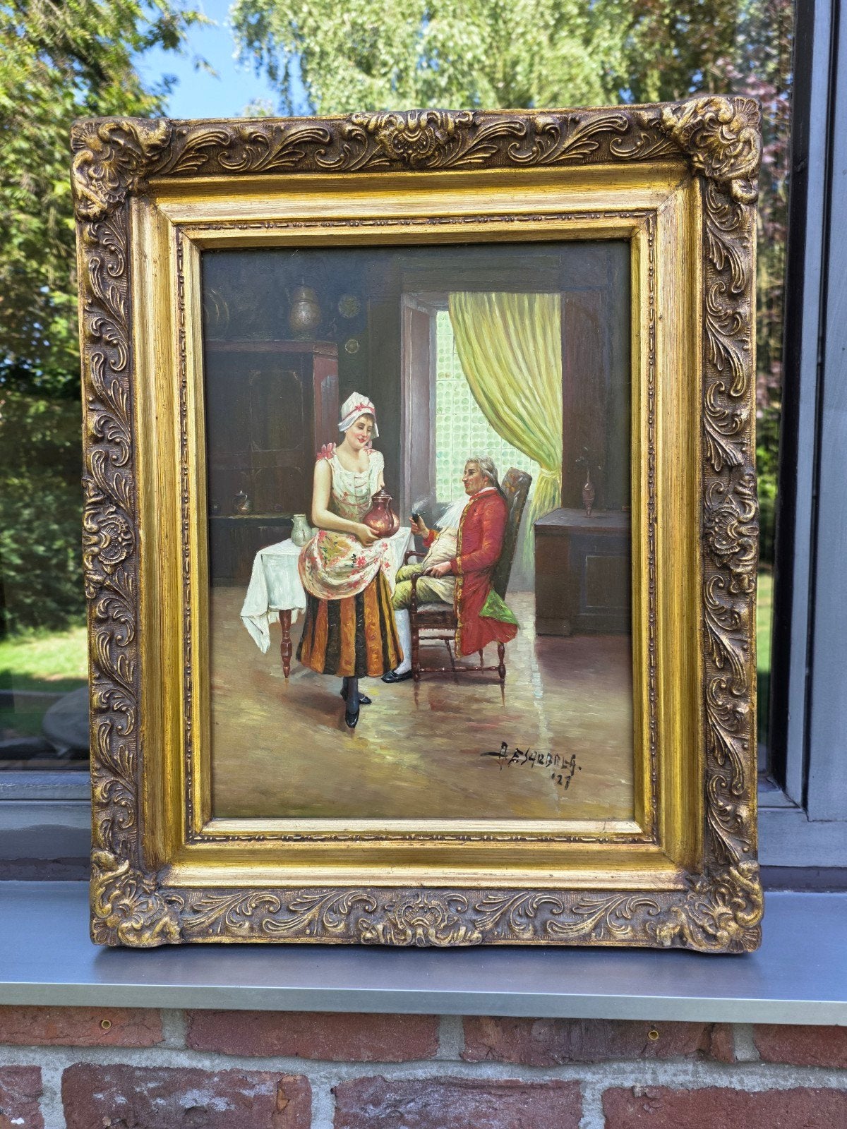 Antiek schilderij(1927) in prachtige vergulde lijst., Antiek en Kunst, Ophalen of Verzenden, Gesigneerd